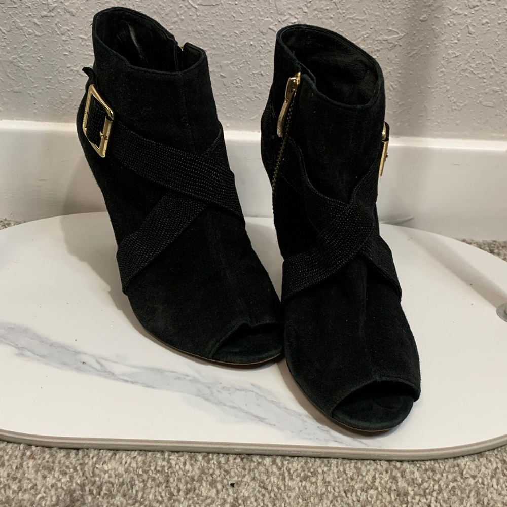 Vince Camuto Black Peep-Toe Ankle Booties with Gold Accents